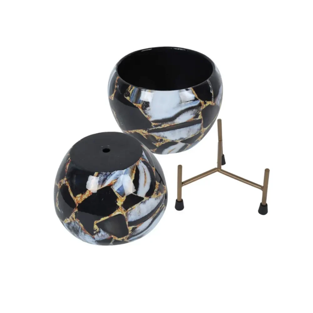 Golden Black & White Marble Design Metal Planter With Metal Stand | Home & Garden Decor | 6 Inches - Image 4