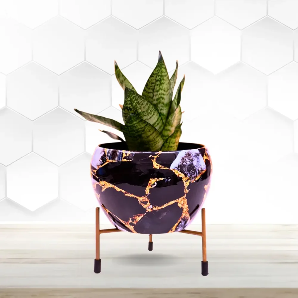 Golden Black & White Marble Design Metal Planter With Metal Stand | Home & Garden Decor | 6 Inches - Image 5