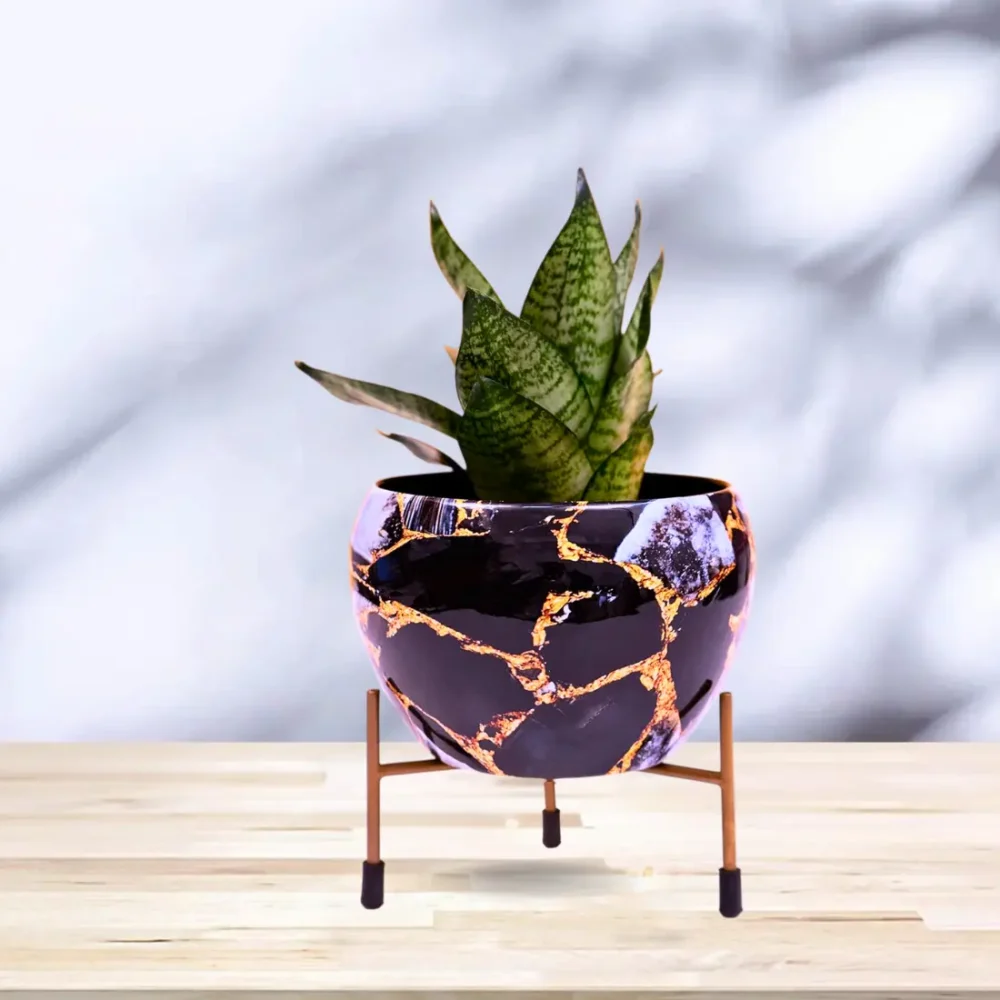 Golden Black & White Marble Design Metal Planter With Metal Stand | Home & Garden Decor | 6 Inches - Image 7