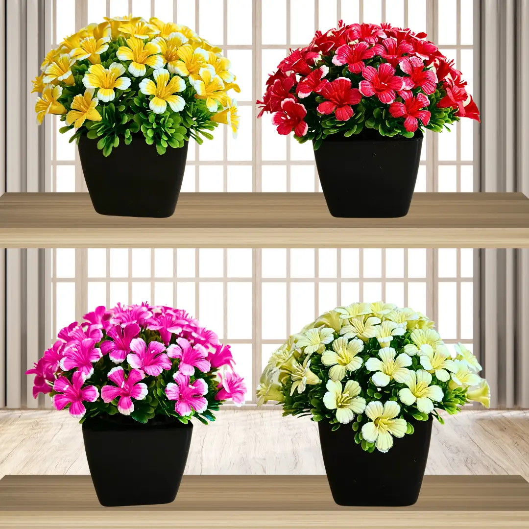 MEEBODE Artificial Bonsai Round Realistic Lifelike Stylish Natural-Looking Fake Plant Tree with Plastic Pot | Versatile Home washroom & Office Decor ( Set of 4)