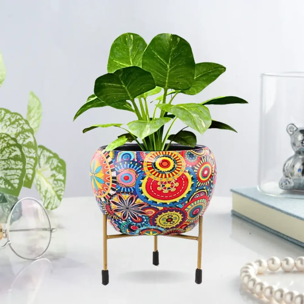 Multicolor Rajasthani Design Metal Planter With Metal Stand | Mandala Art | Home & Garden Decor | 6 Inches - Image 6