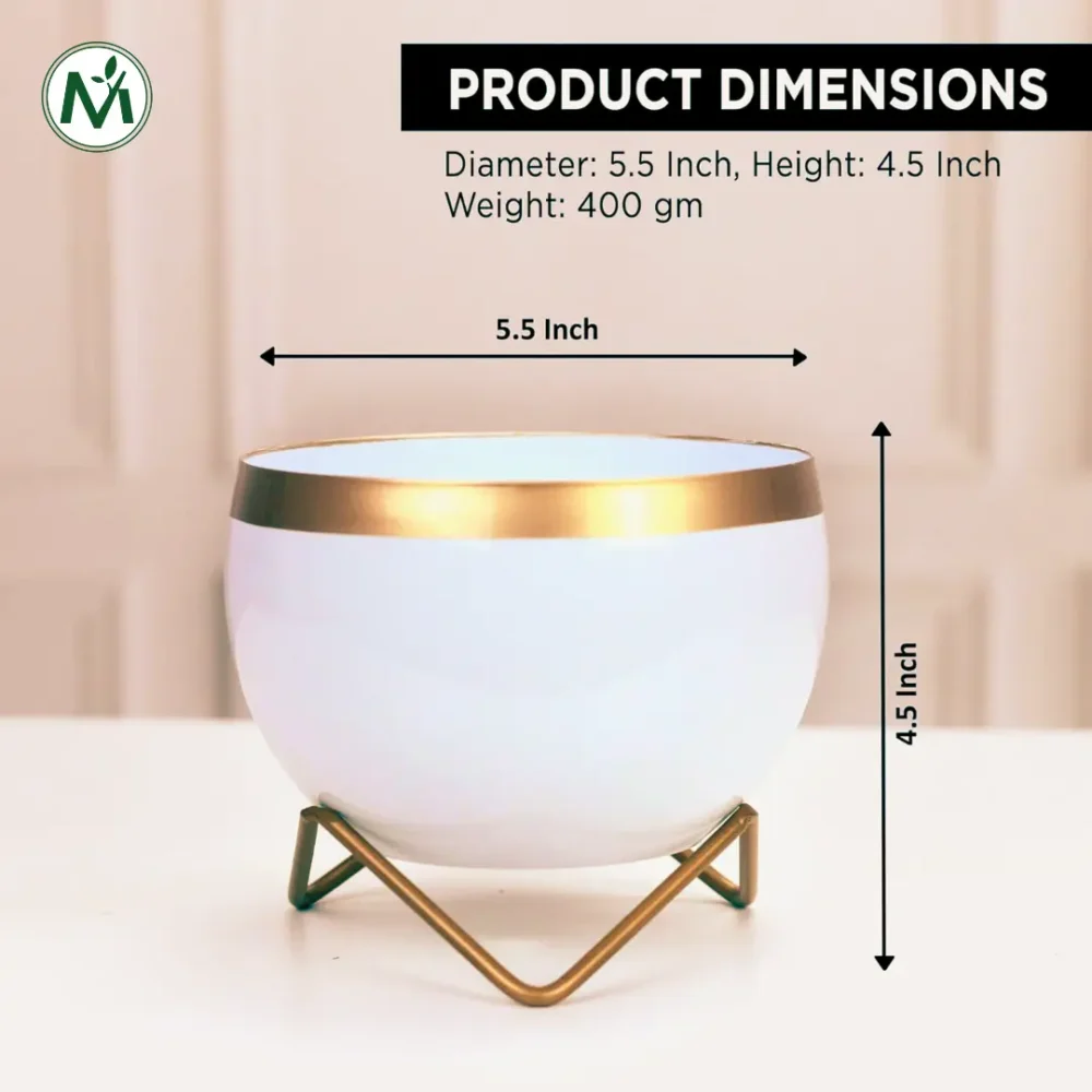 Indoor Metal Planter with Golden Stand | Table Top Pots for Living Room, Kitchen, Bedroom, Gifting  | Designer Flower Vase | Office Decor (White Gold) - Image 2