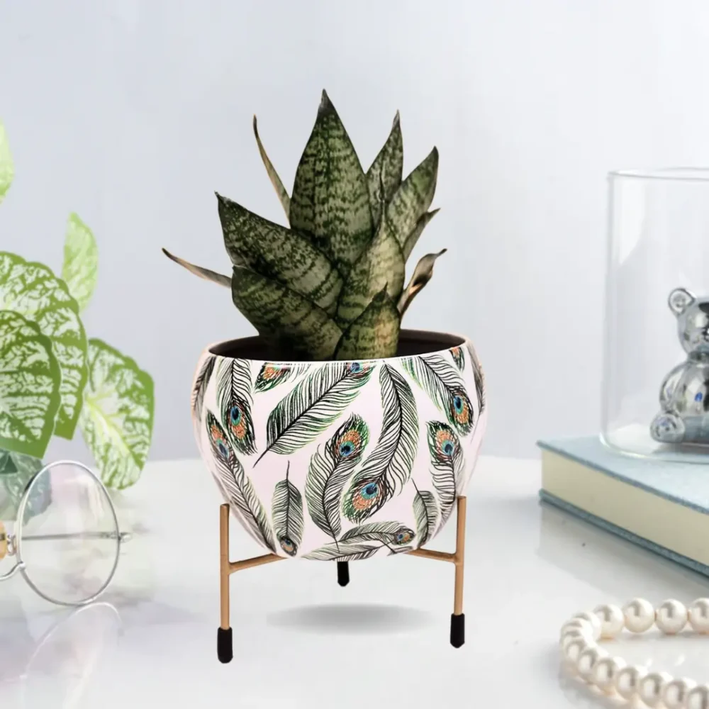 Peacock Feather Print Metal Pot with Stand - 5.1" W x 5.9" H | Unbreakable, Lightweight Garden Planter - Image 6