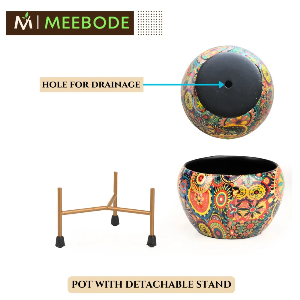 Multicolor Rajasthani Design Metal Planter With Metal Stand | Mandala Art | Home & Garden Decor | 6 Inches - Image 3