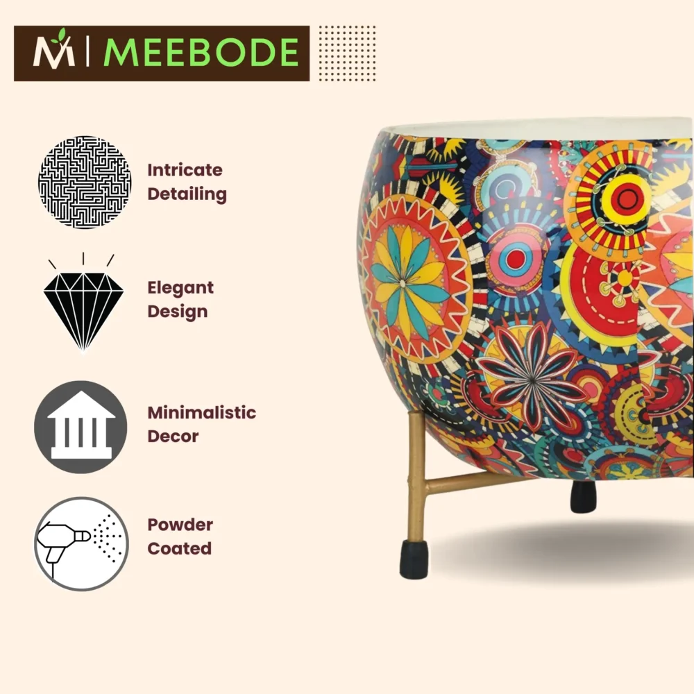 Multicolor Rajasthani Design Metal Planter With Metal Stand | Mandala Art | Home & Garden Decor | 6 Inches - Image 5